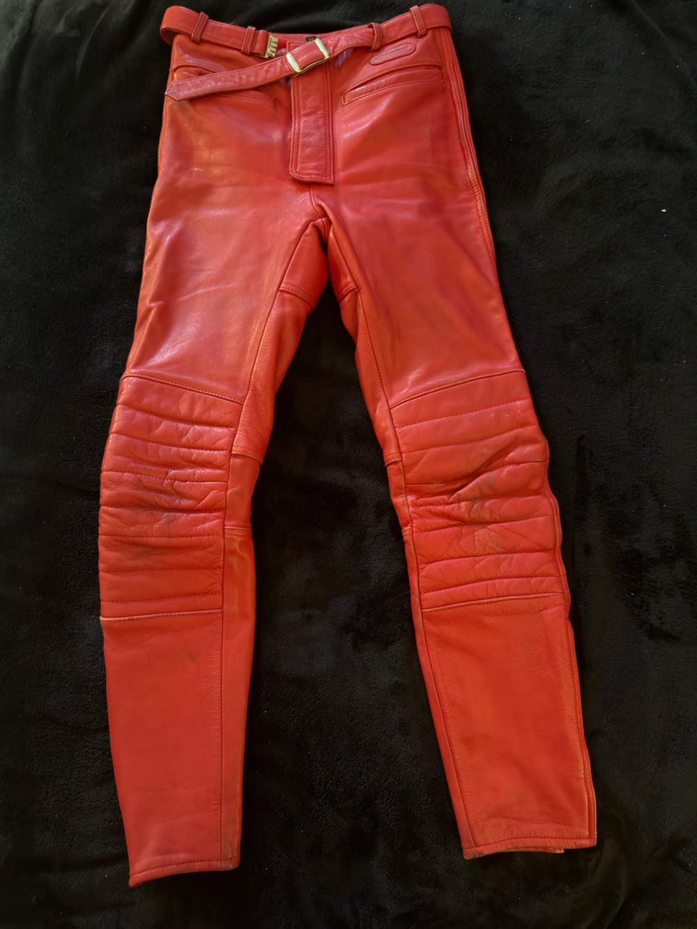 Vintage Slim Red Leather Skinny Motorcycle pants with Quilted Knee Panels